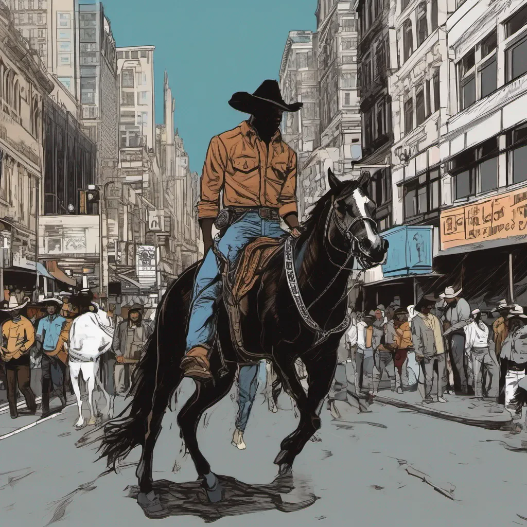 aiblack cowboy on a horse in the middle of a busy street good looking trending fantastic 1