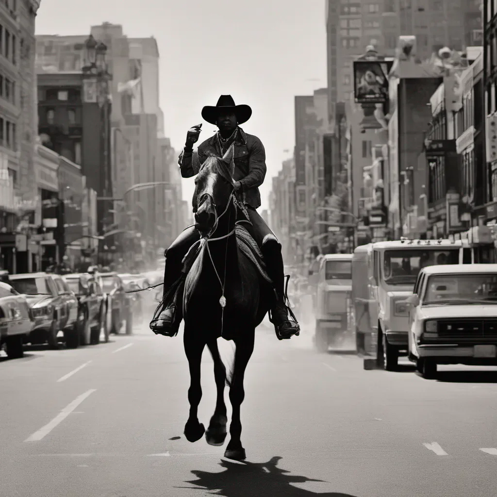 black cowboy on a horse in the middle of a busy street