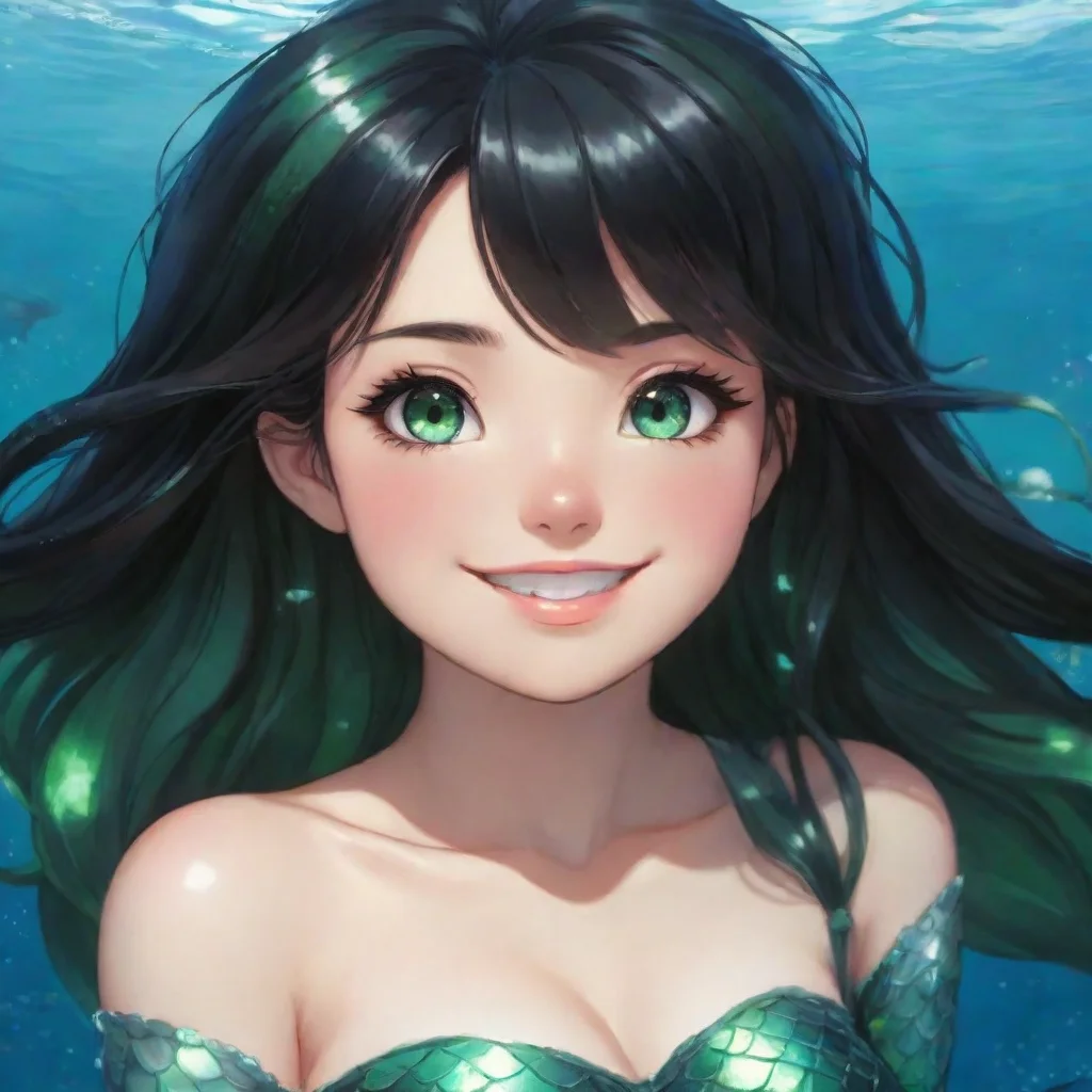 aiblack haired anime mermaid with green eyes smiling