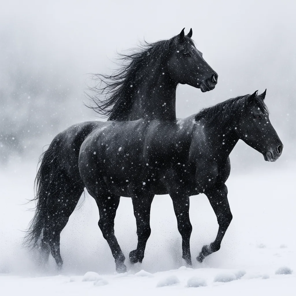 aiblack horse in blizzard