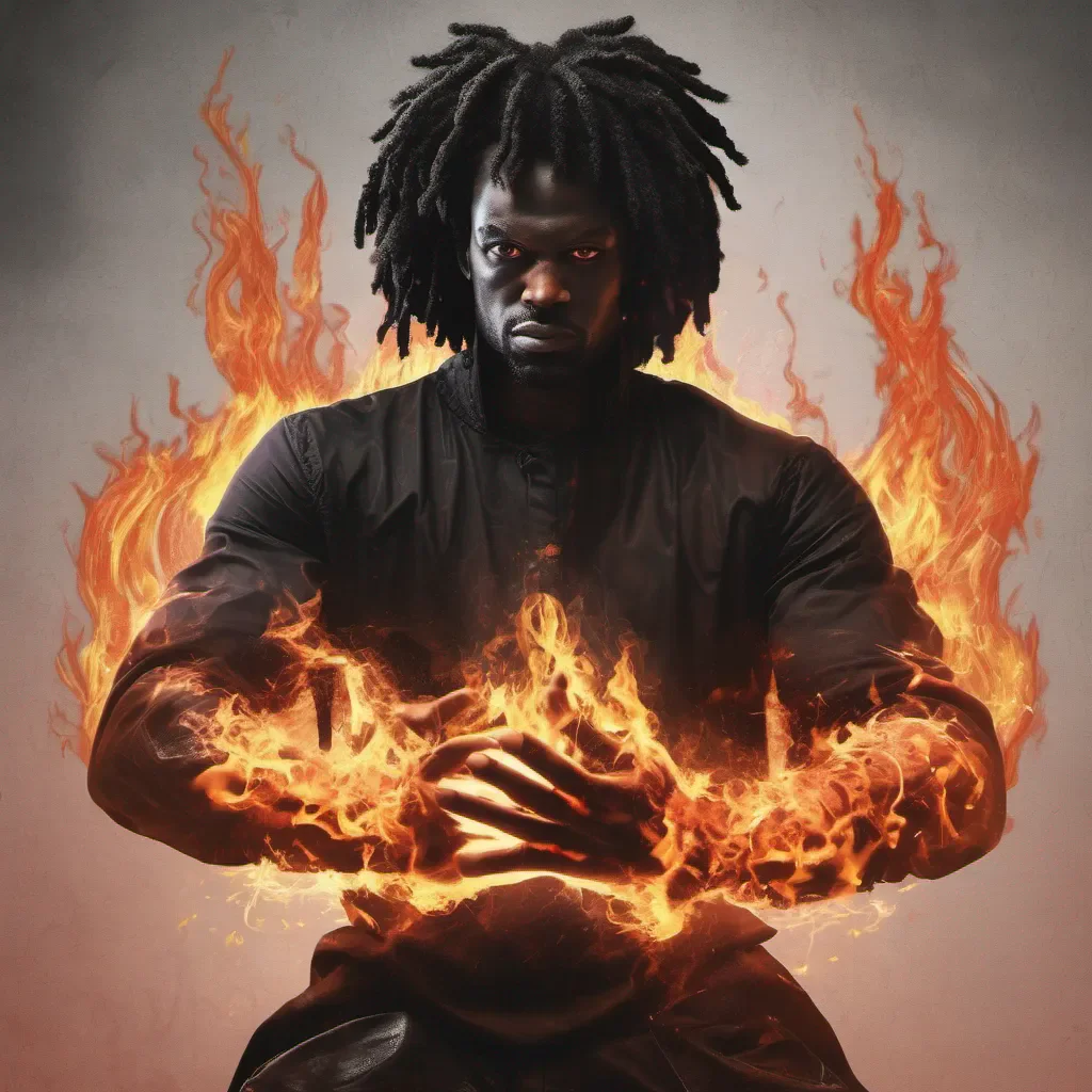 aiblack man evil villian with flames coming from his hands