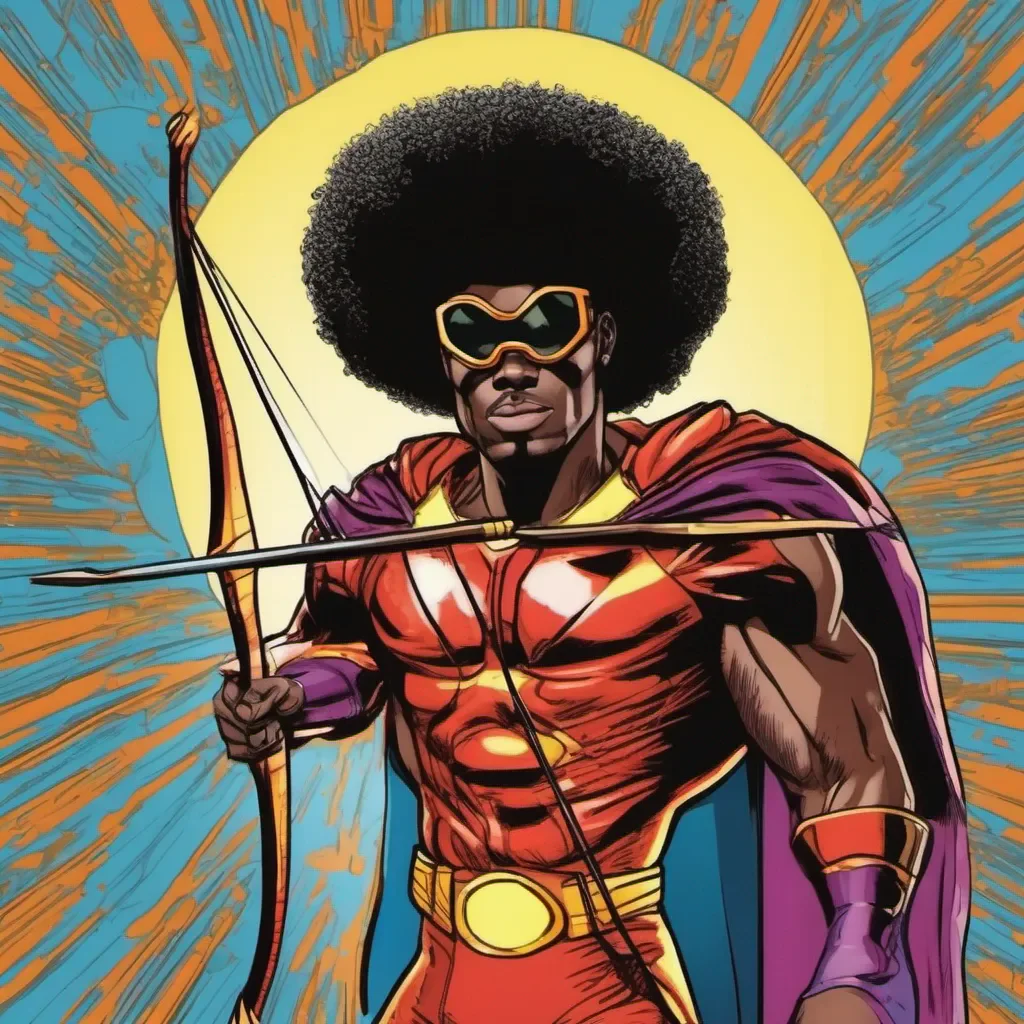 black man superhero with a big afro pop art holding a bow and arrow comic book amazing awesome portrait 2