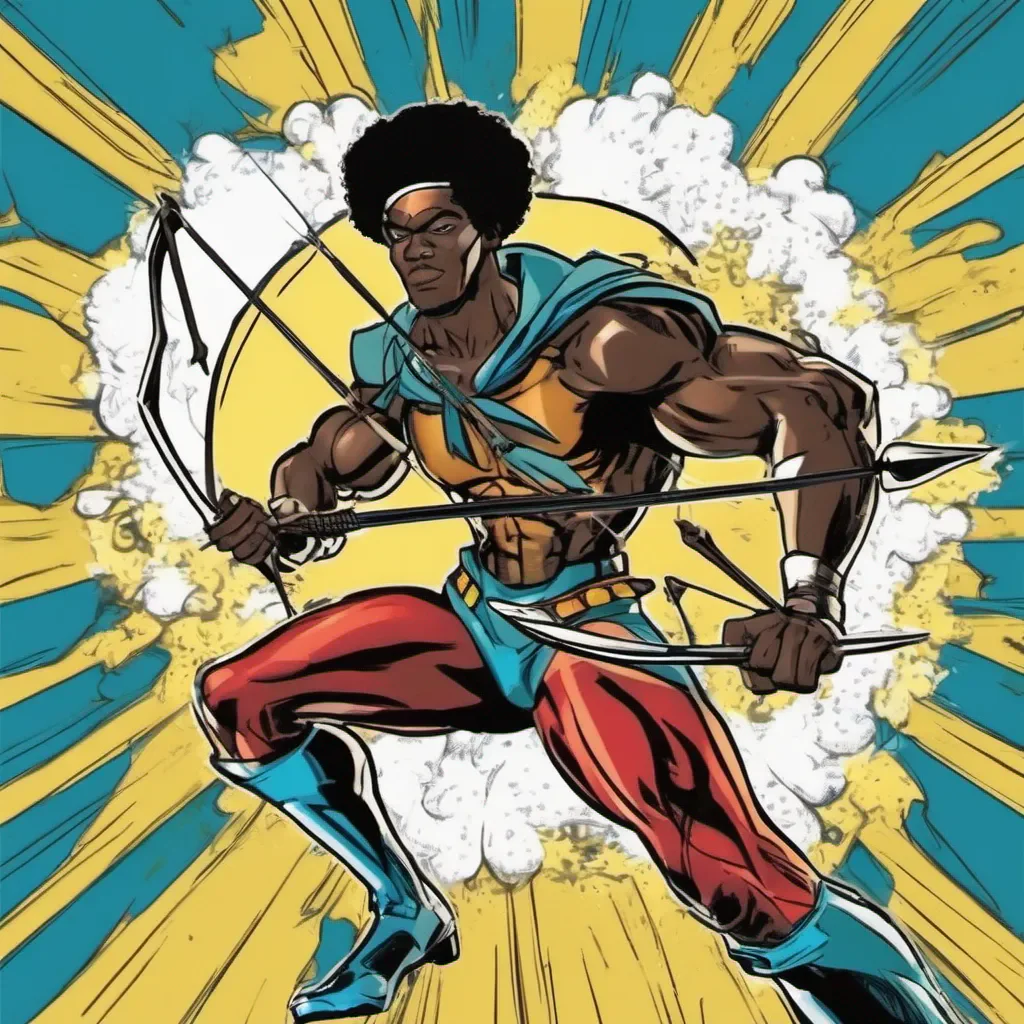 black man superhero with a big afro pop art holding a bow and arrow comic book good looking trending fantastic 1