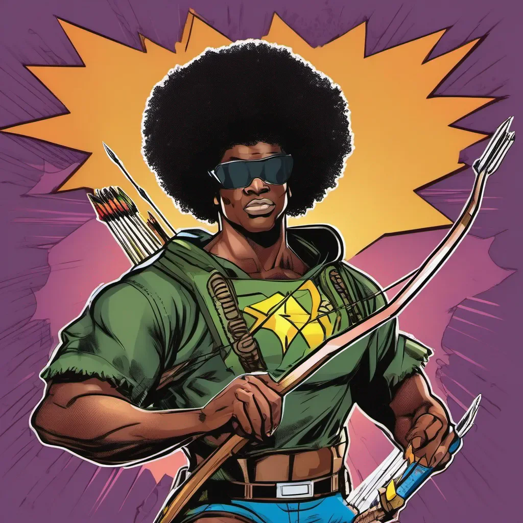 black man superhero with a big afro pop art holding a bow and arrow comic book