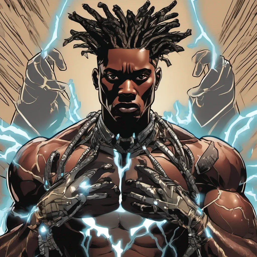 black man superhero with spiked up locs with electric hands