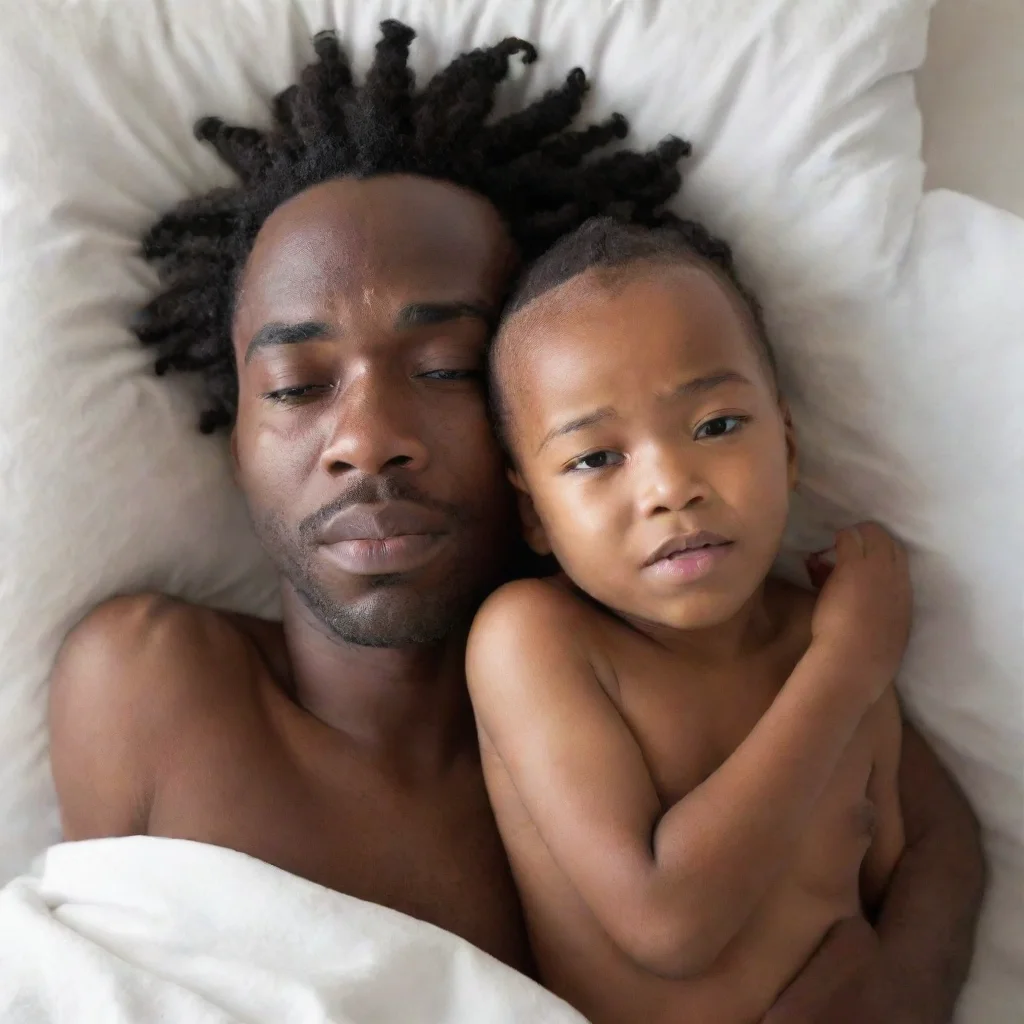 aiblack man waking up with a kid conjoined to himself