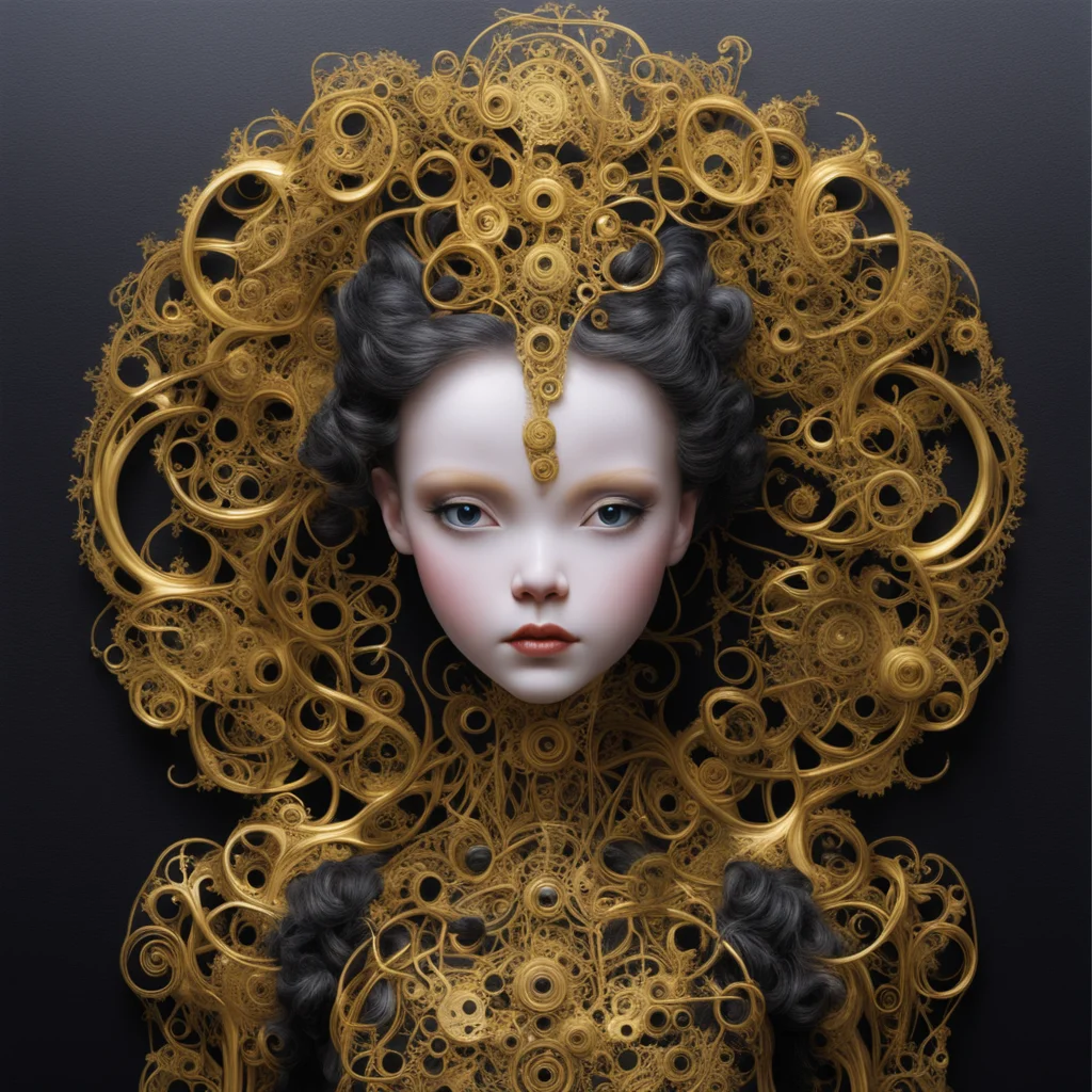 black paper  a huge photo real metallic symmetrical enigmatic doll jim burns design tendrils cogs and pipework  gold lea
