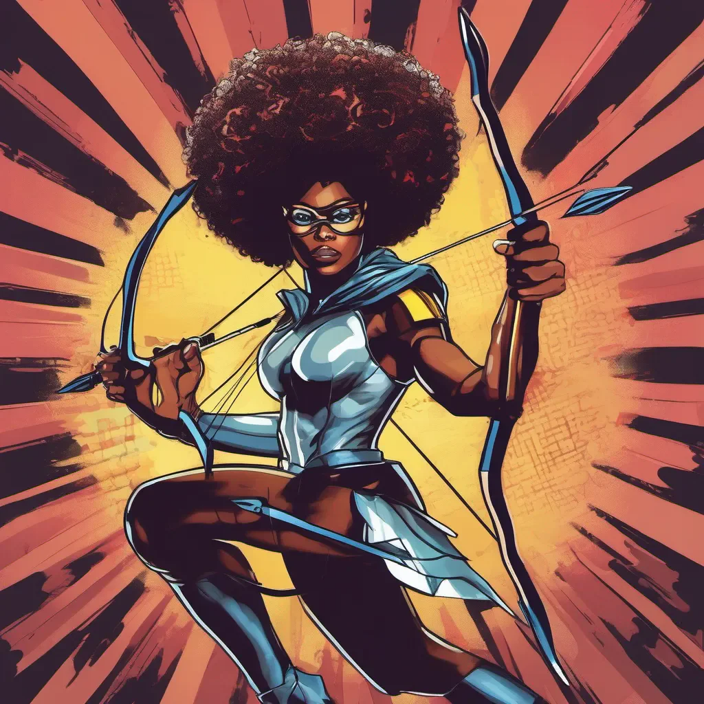 black woman superhero with a big afro pop art holding a bow and arrow