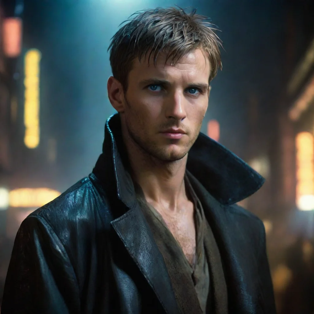 aiblade runner character portrait of a beautiful yet hanted young man dressed very well