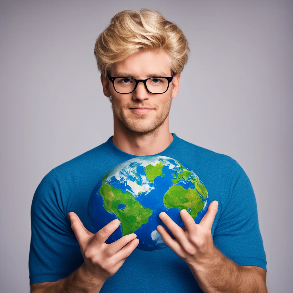 blond man with glasses holding up planet earth amazing awesome portrait 2