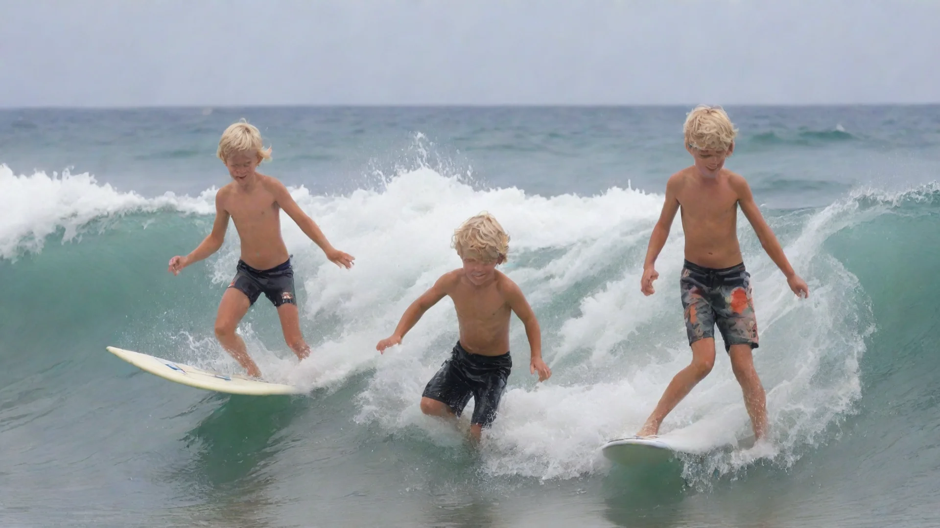 aiblond surfer boys playing in the waves wide