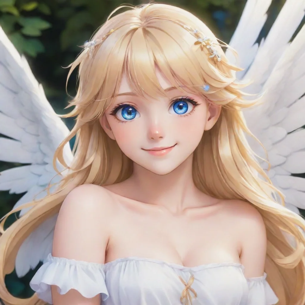 blonde anime angel with blue eyes smiling