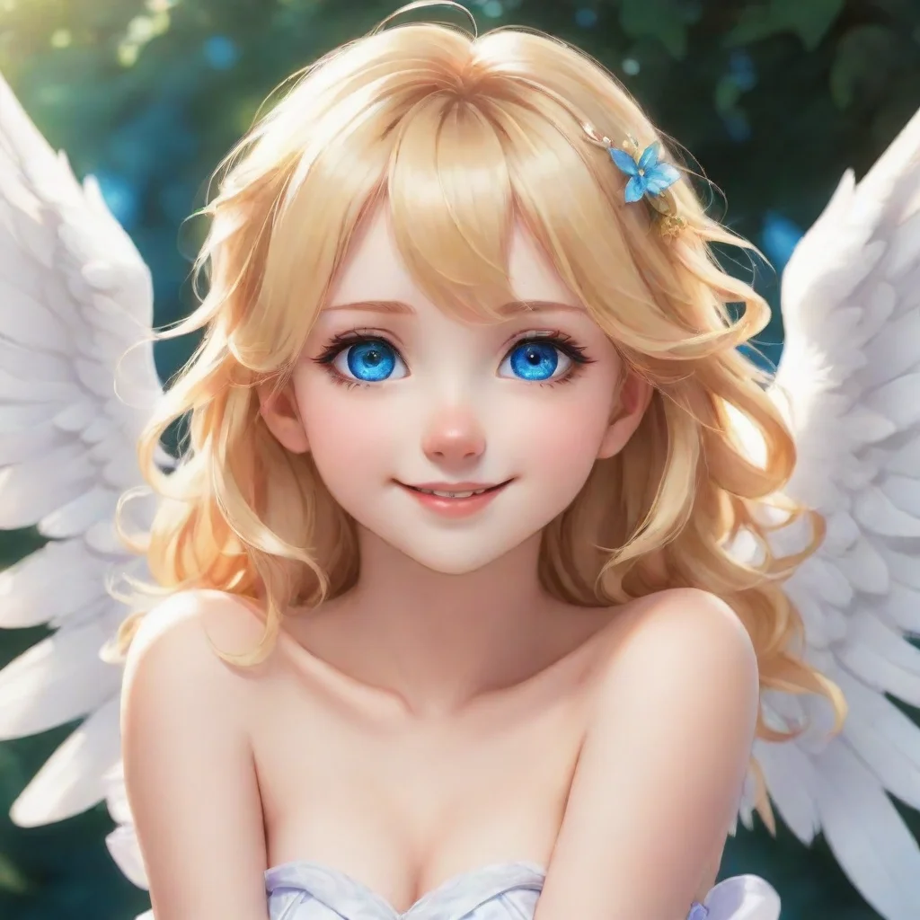 blonde cute anime angel with blue eyes smiling
