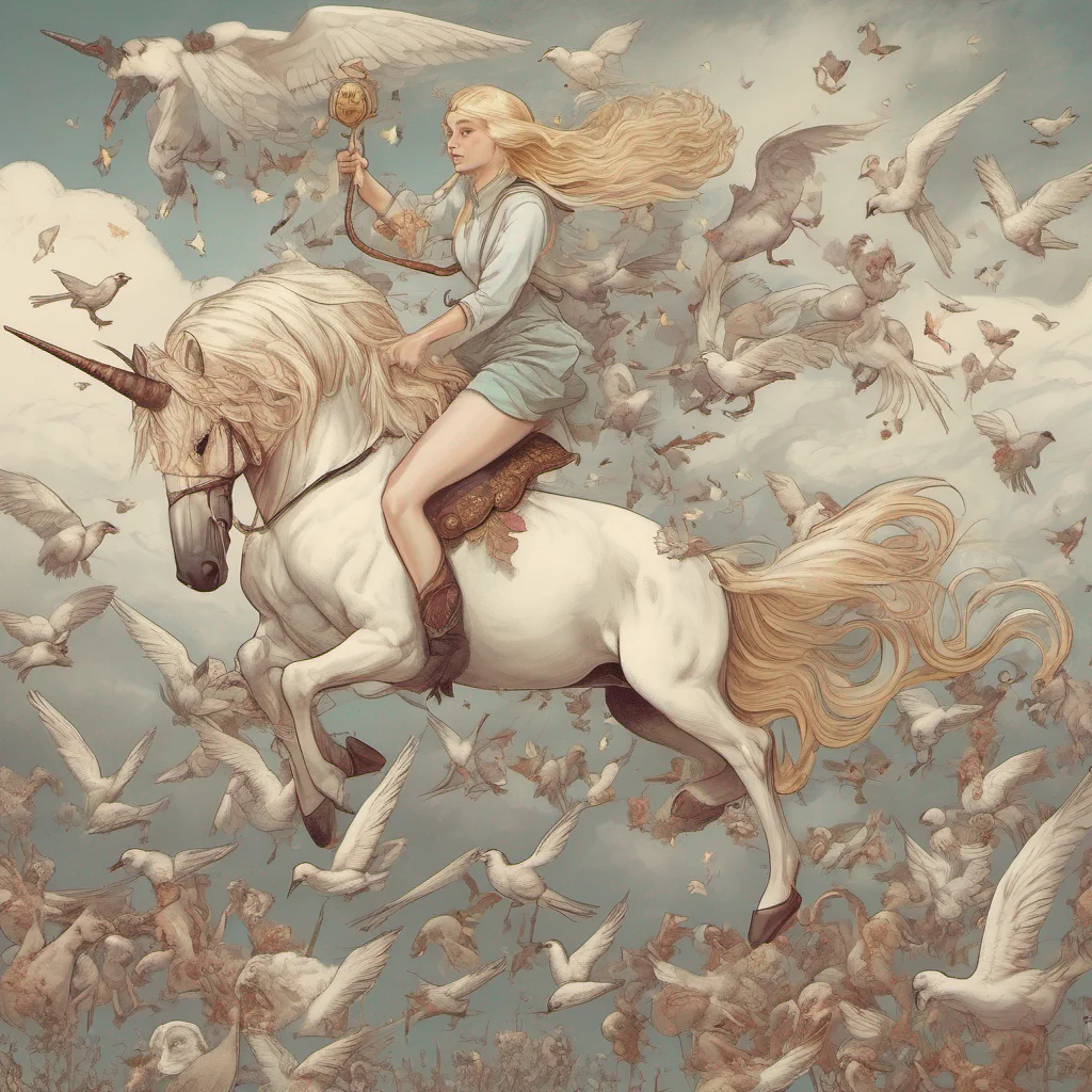 aiblonde girl riding a unicorn surrounded by sparrows good looking trending fantastic 1