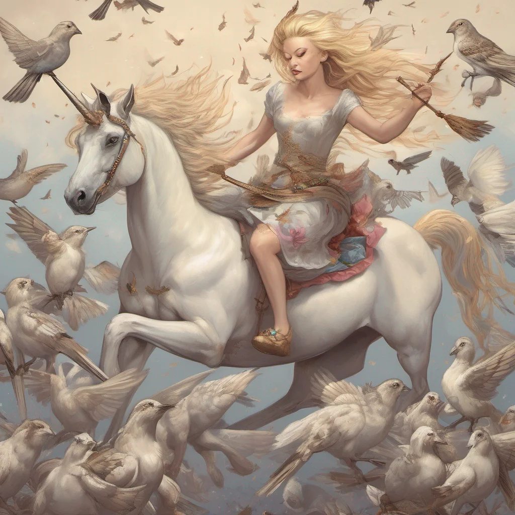 aiblonde girl riding a unicorn surrounded by sparrows