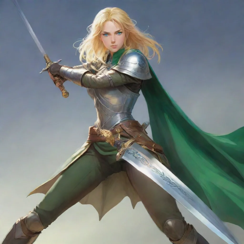 blonde swordswoman green blue eyes big sword