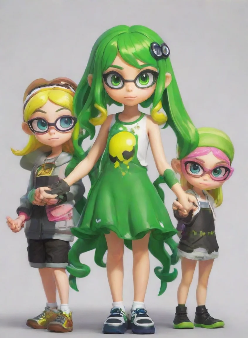 aiblonde tentacle splatoon inkling girl holding hands with green haired splatoon inkling boys portrait43