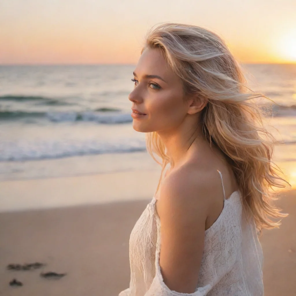 blonde woman on beach watching sunset