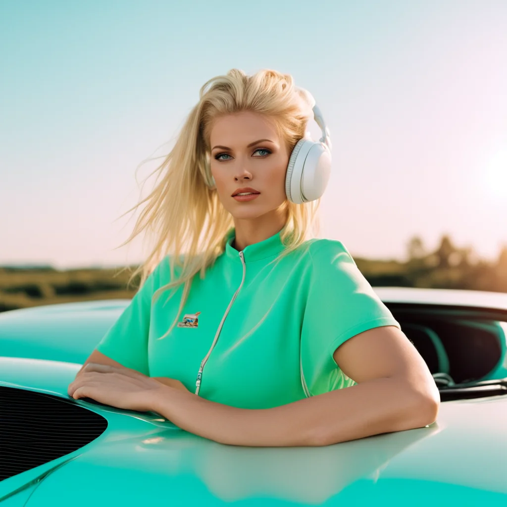 aiblonde woman posing on a sports car%2C white wired headphones%2C expressionless%2C 2000s hairstyle%2C 2000s fashion%2C sun rays%2C light teal and amber good looking trending fantastic 1