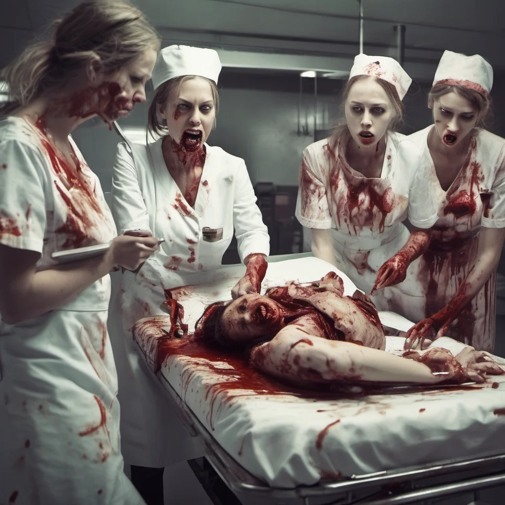 bloody zombie nurses eating almost dead patient in a slaughterhouse amazing awesome portrait 2