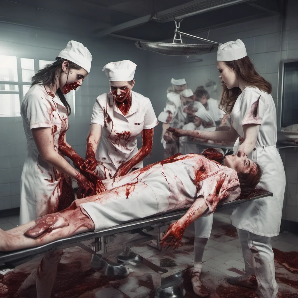 bloody zombie nurses eating almost dead patient in a slaughterhouse good looking trending fantastic 1