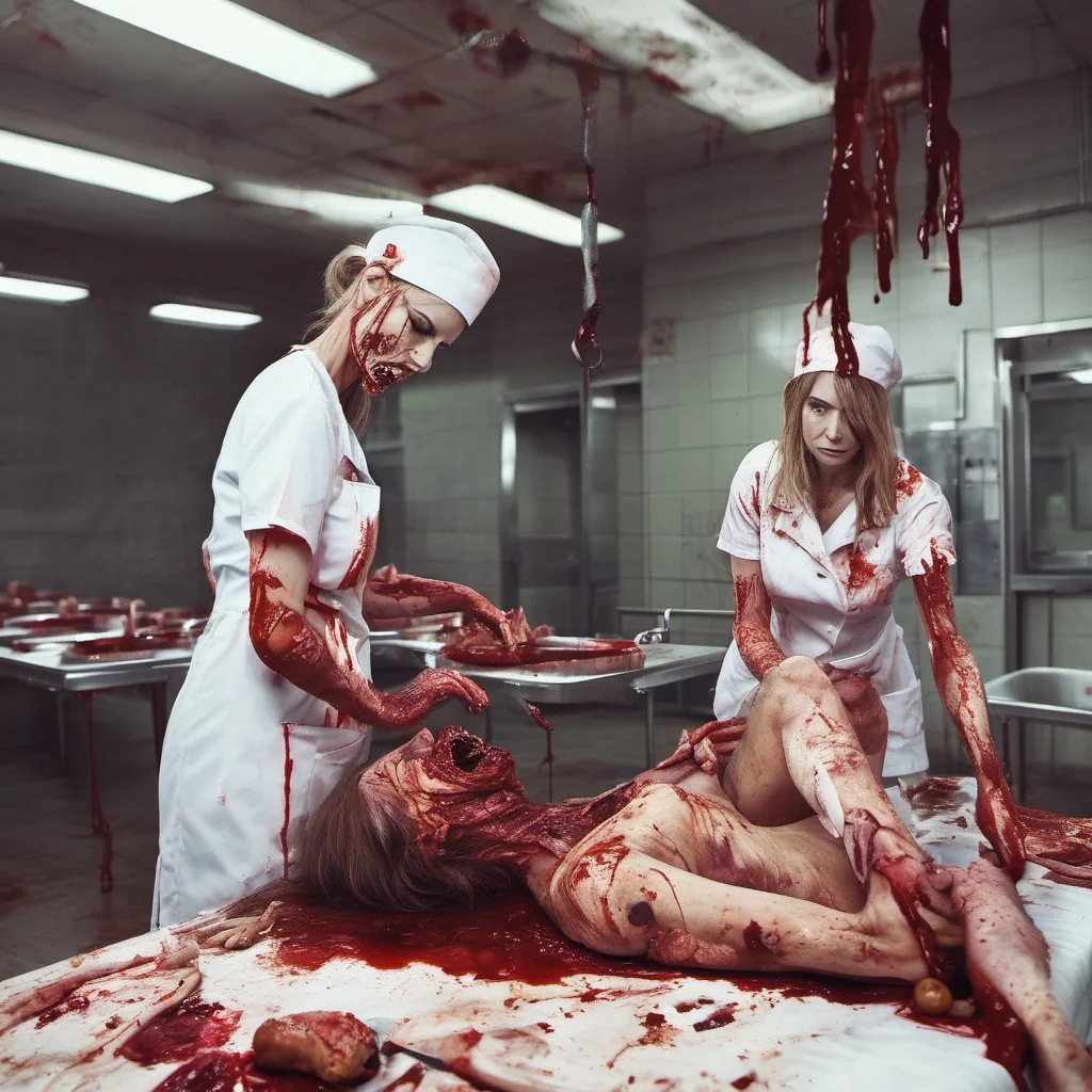 bloody zombie nurses eating almost dead patient in a slaughterhouse