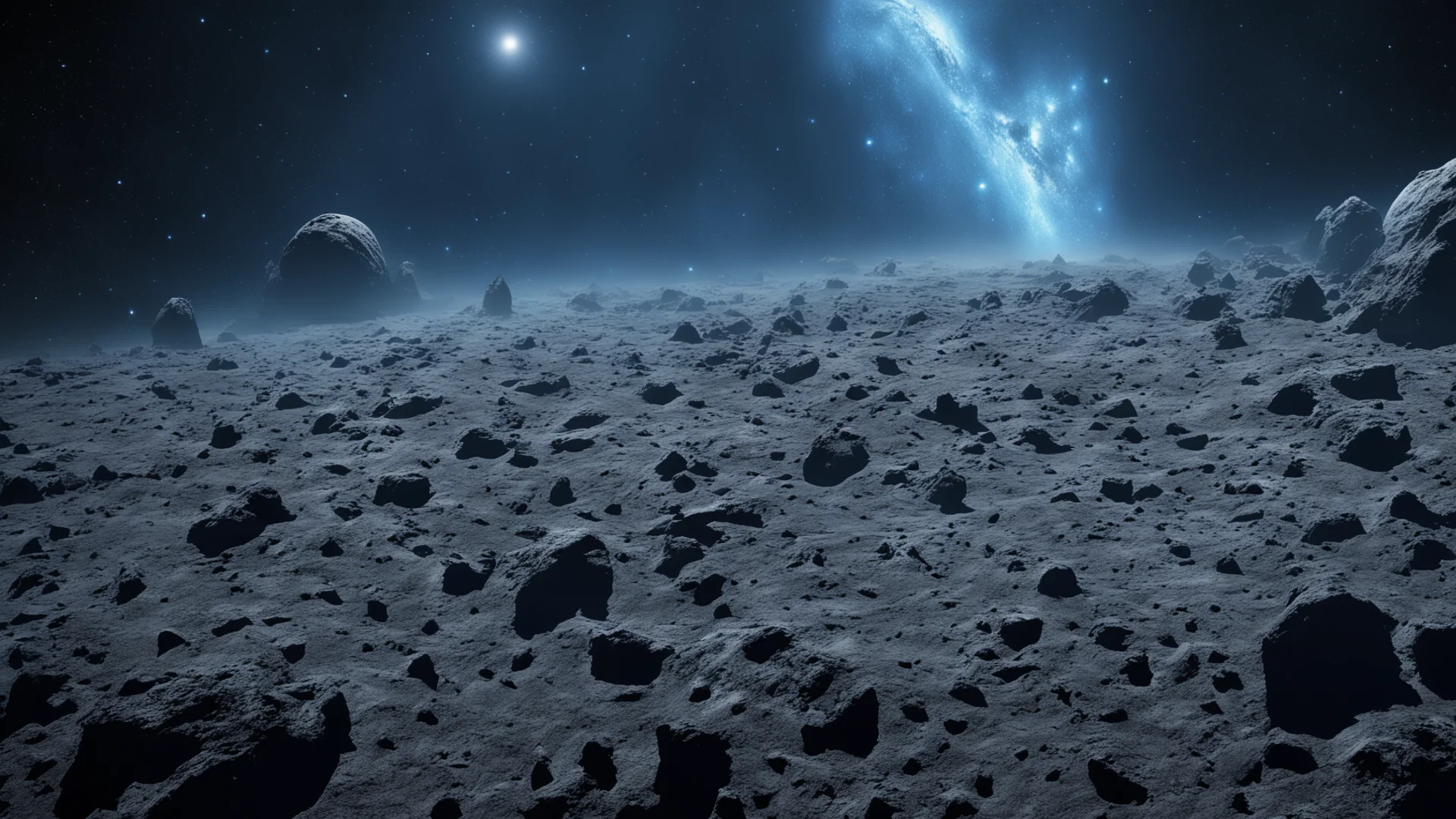 blue and grey asteroid field wide