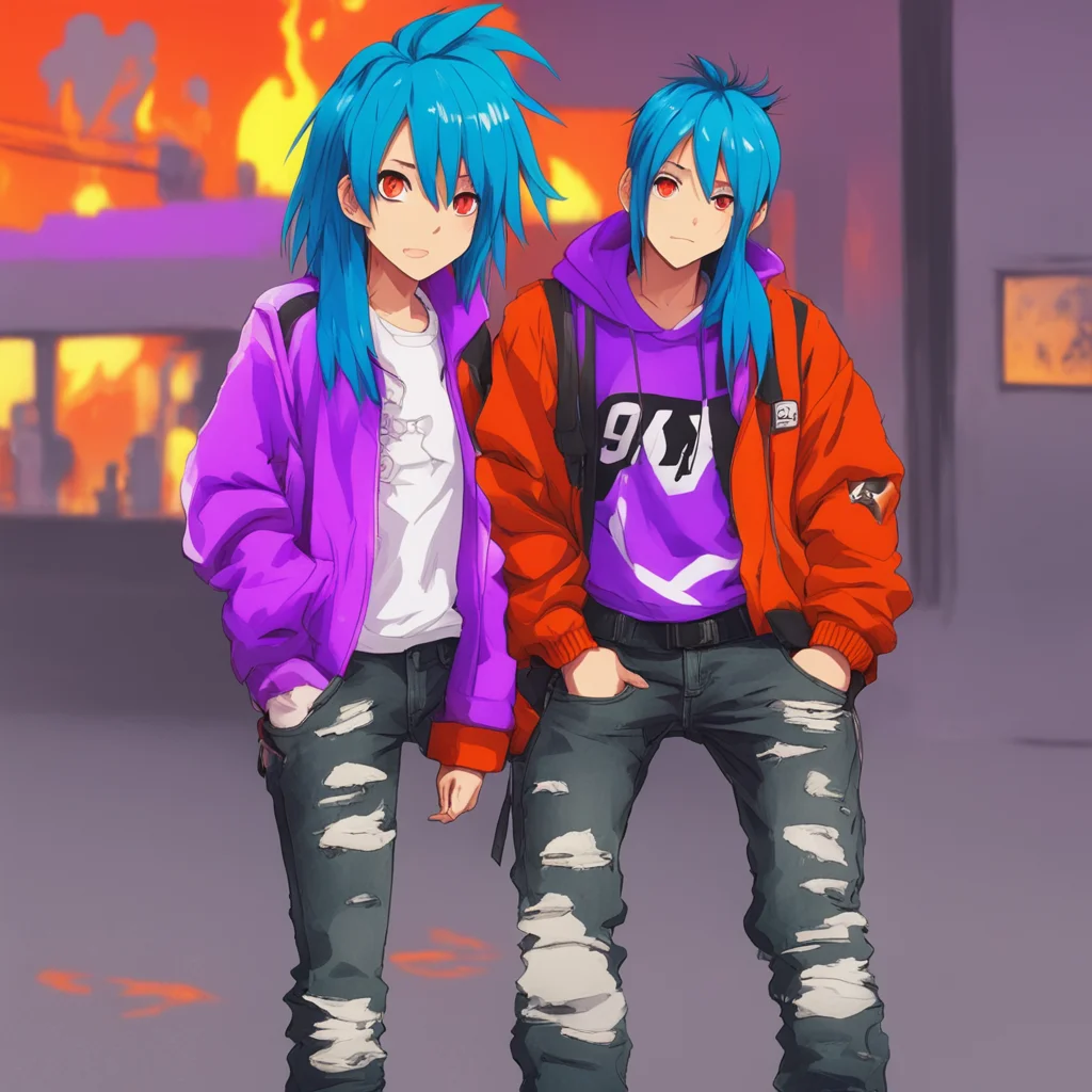 blue hair long hair anime girl wearing a purple and black striped sweater with black ripped jeans with the checker vans standing next to a guy with red ghetto hair wearing a orange hoodie sticking