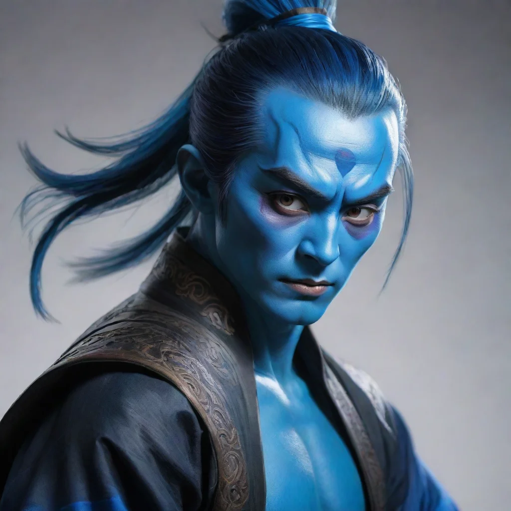 blue skinned male  comic portrait wuxia style with sword