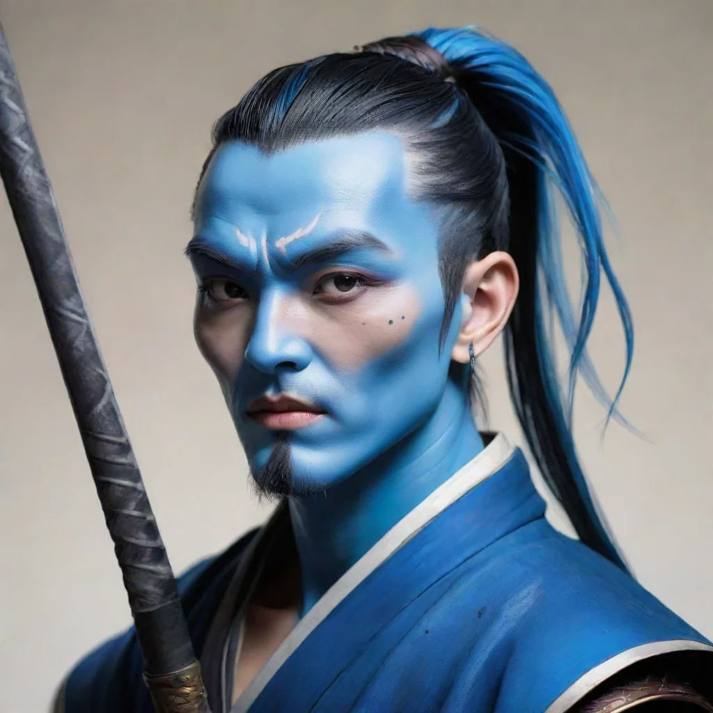 aiblue skinned male earless comic portrait wuxia style with sword