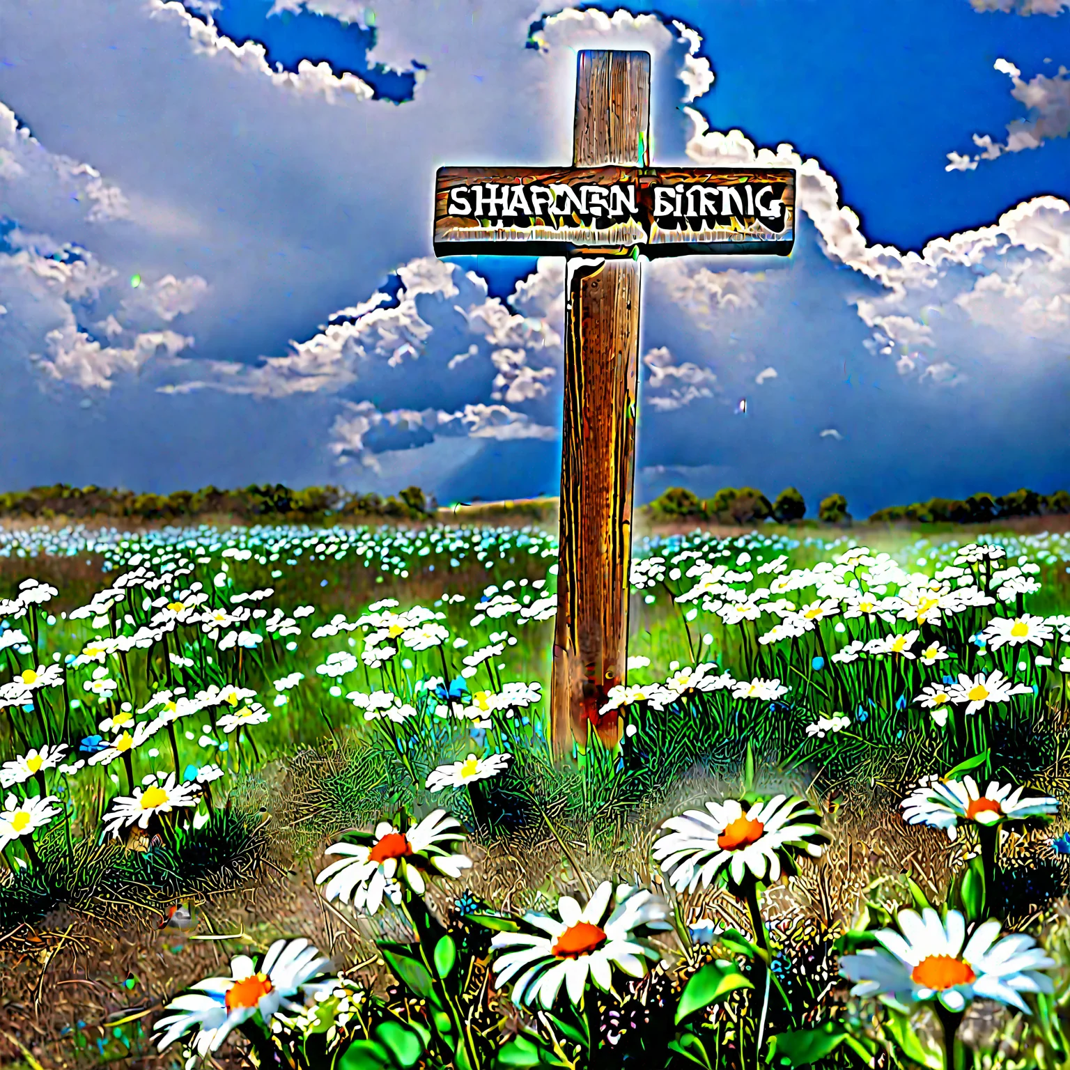 aiblue sky with white clouds%2C wooden cross with text %22sharing %26 caring%22%2C in a field of daisies and mountains in the background