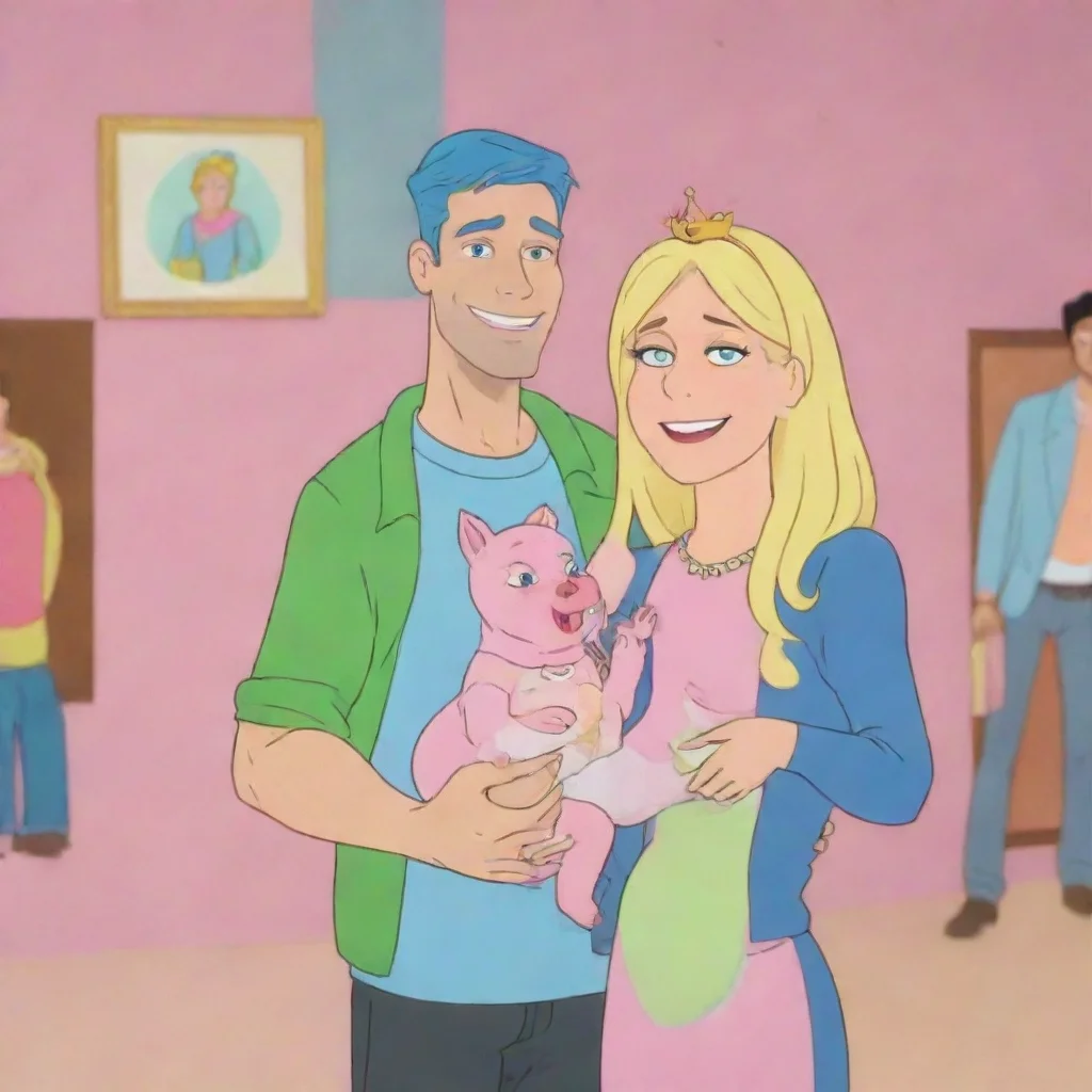 aibojack horseman standing with princess carolyn and todd who is holding baby ruthie and they are all smiling