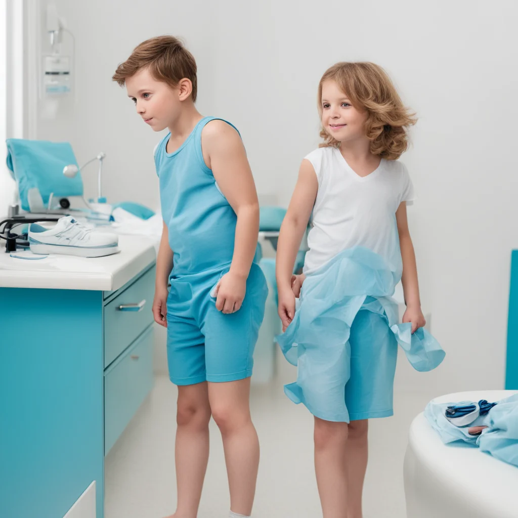boy in blue underpans with mom in a doctor room 