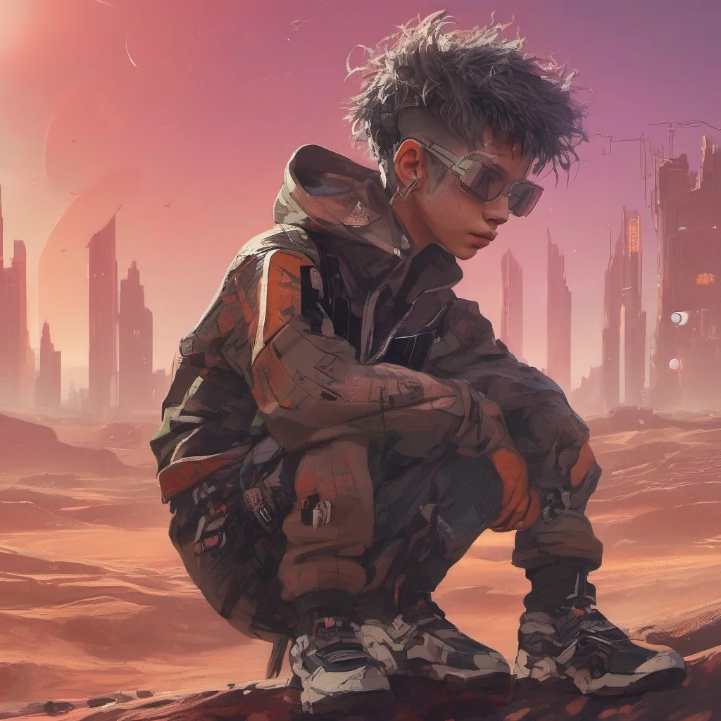 aiboy in cyberpunk costume on another planet