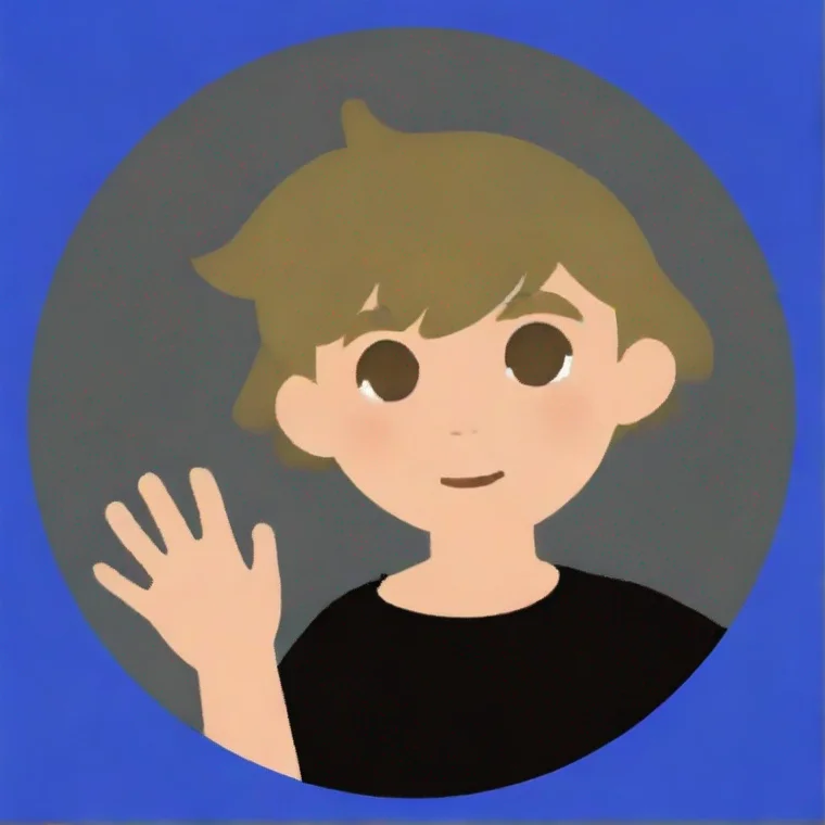 aiboy waving%2C blue circle edges%2C grey background%2C dark blond hair%2C animal crossing art style%2C black shirt