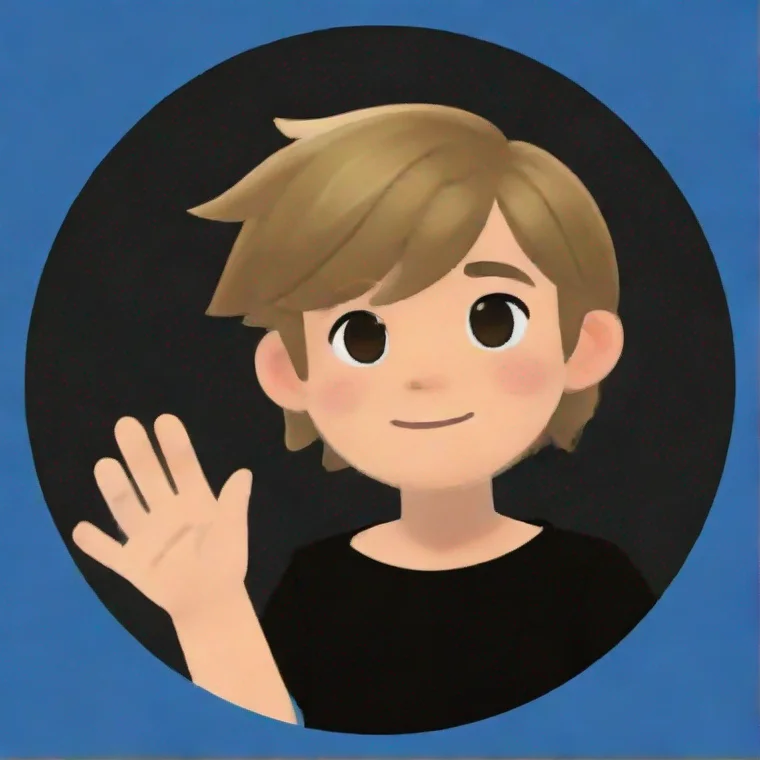 aiboy waving%2C blue circle edges%2C grey background%2C dark blond hair%2C animal crossing style%2C black shirt