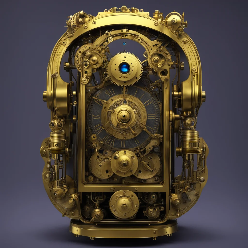 brass grandfather clock movement robot with glowing eyes hyper realistic confident engaging wow artstation art 3