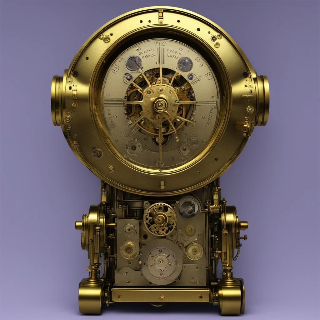 brass grandfather clock movement robot with glowing eyes hyper realistic