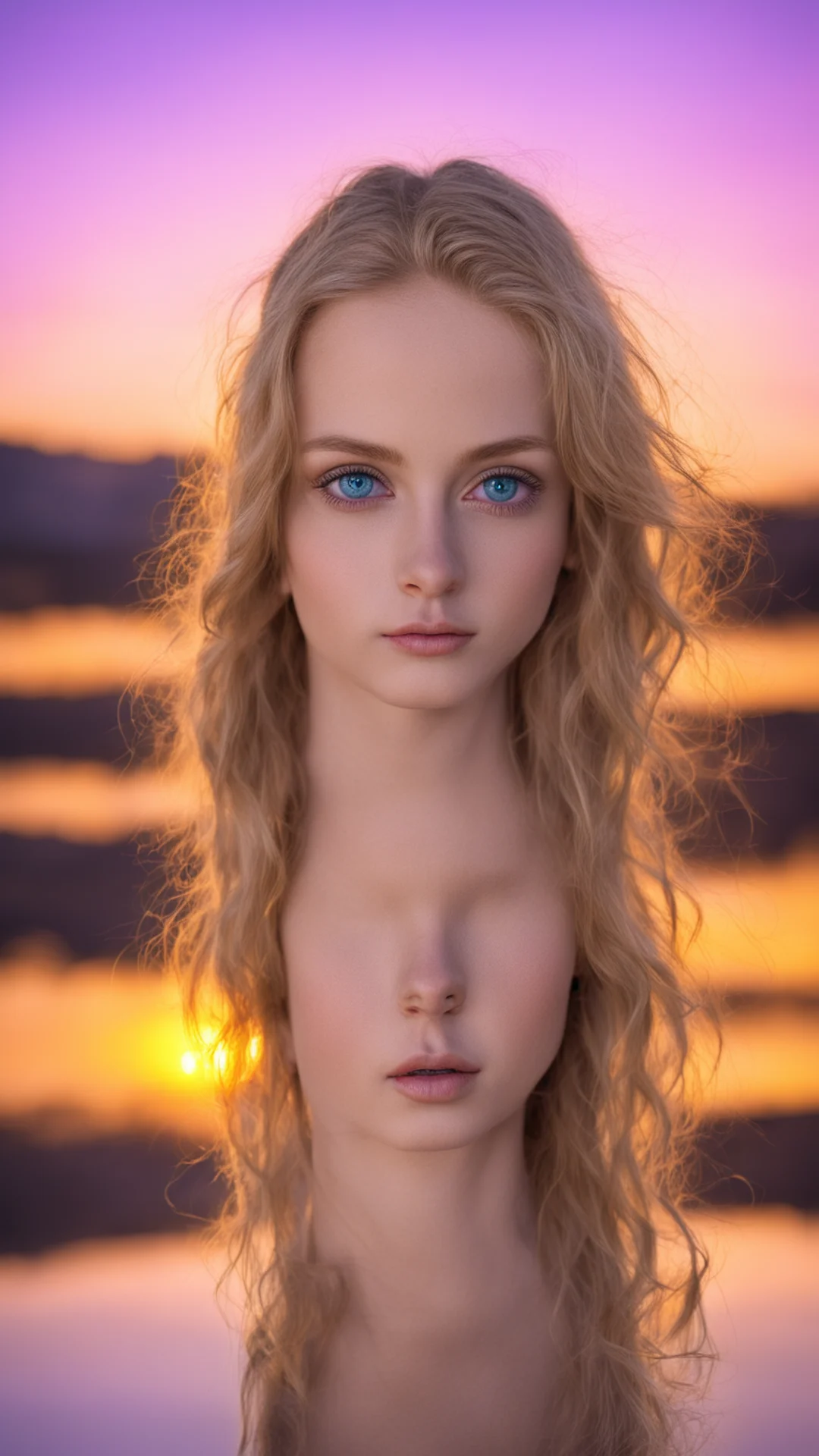 breathtaking sunset scenery reflected on a pretty girl blue eyes tall