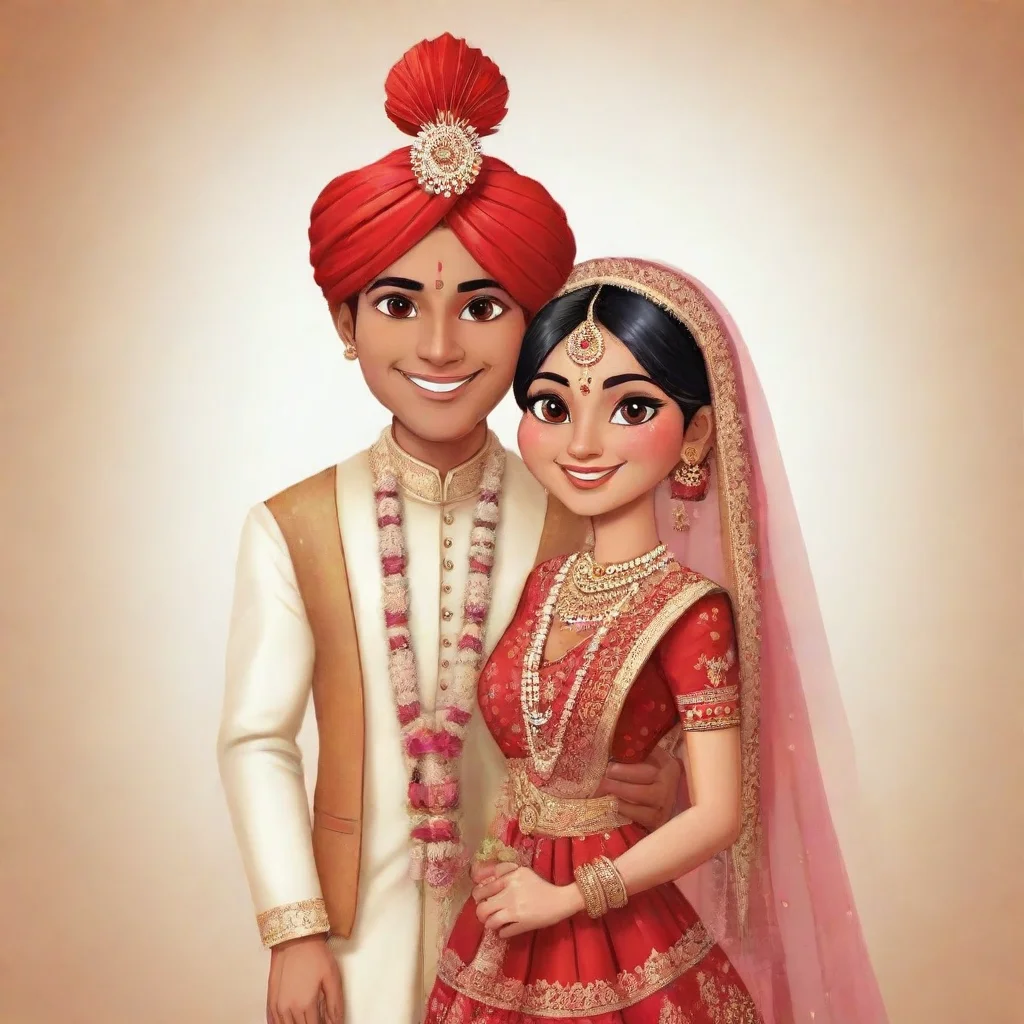 aibride and groom couple cartoon characters indian
