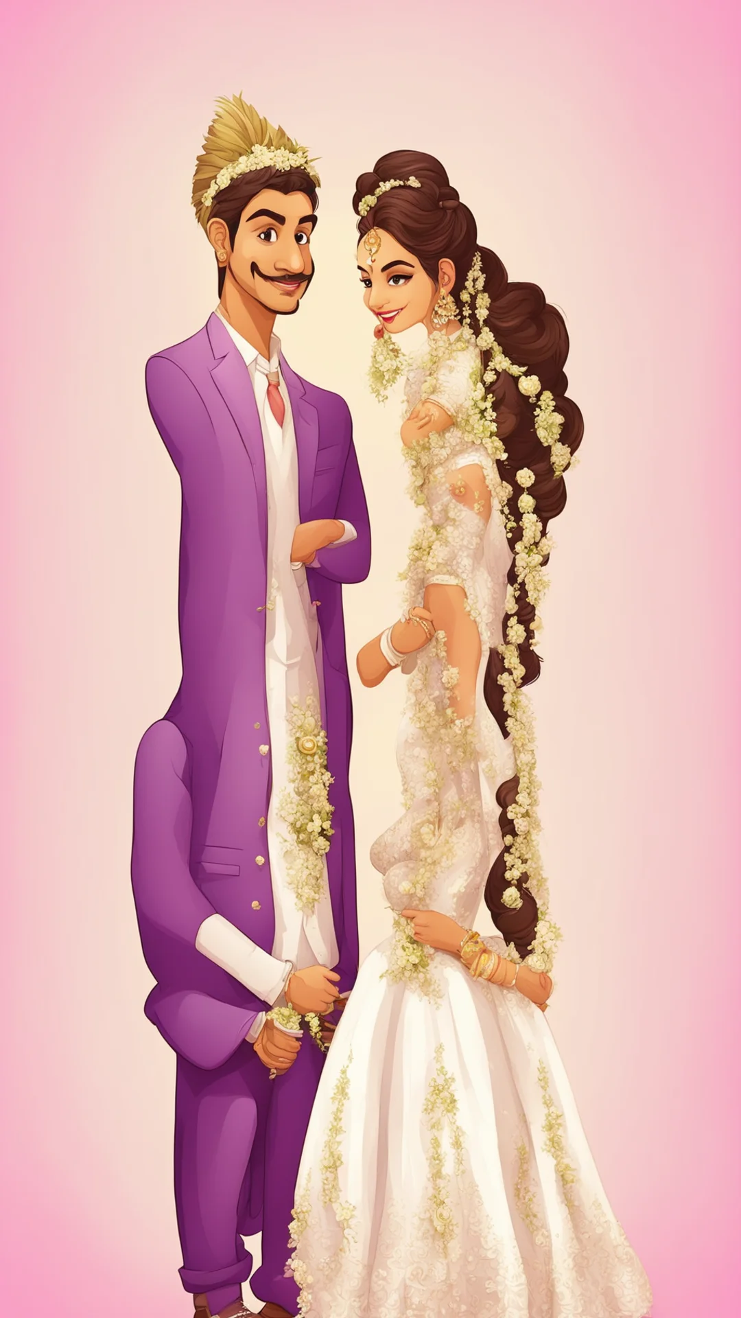 aibride and groom cute couple cartoon characters indian tall
