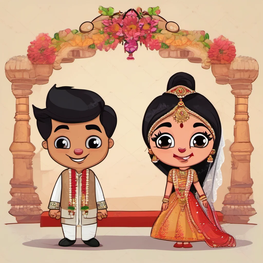 bride and groom cute couple cartoon characters indian