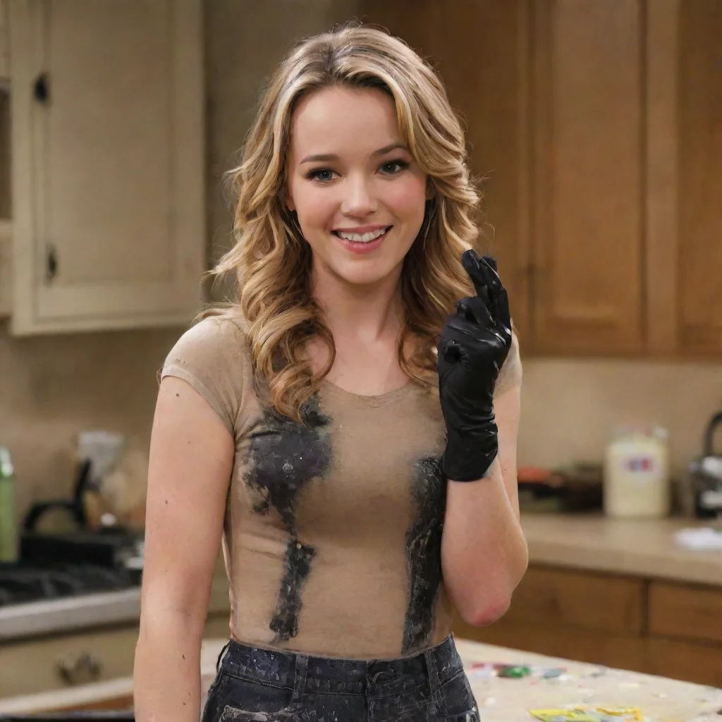 aibridget mendler as teddy duncan  from good luck charlie  smiling with black nitrile gloves and gun and mayonnaise splattered everywhere