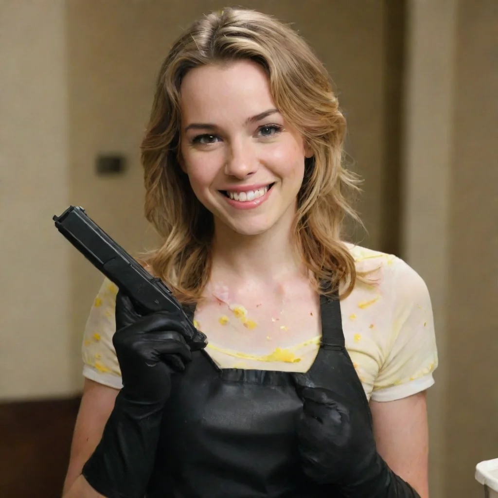 aibridget mendler from lemonade  smiling with black nitrile gloves and gun and mayonnaise splattered everywhere
