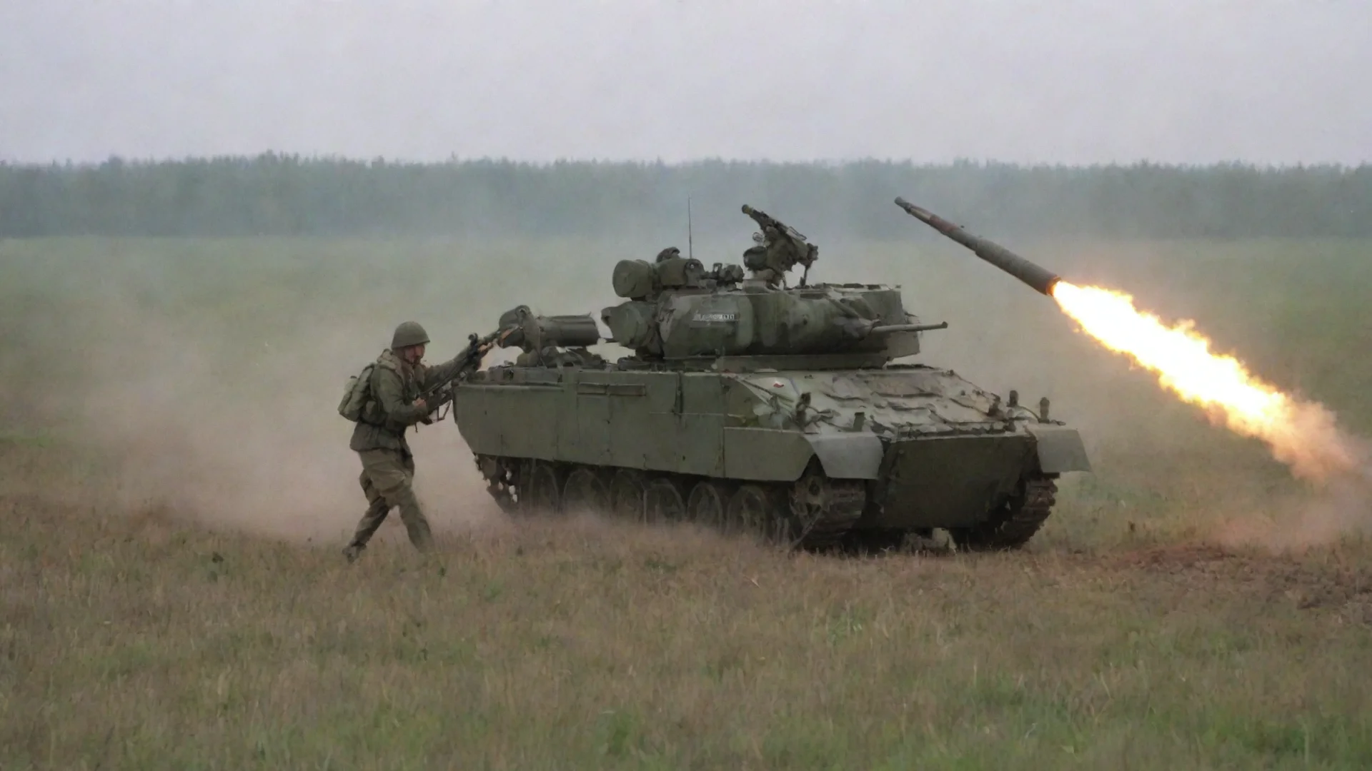 aibritish soldier firing an nlaw type rocket launcher at a t 72 type russian tank in the field wide