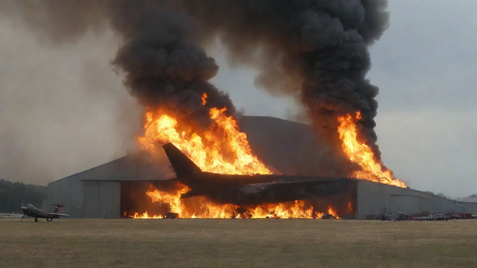 burning hangar with huge new aurplane in front wide