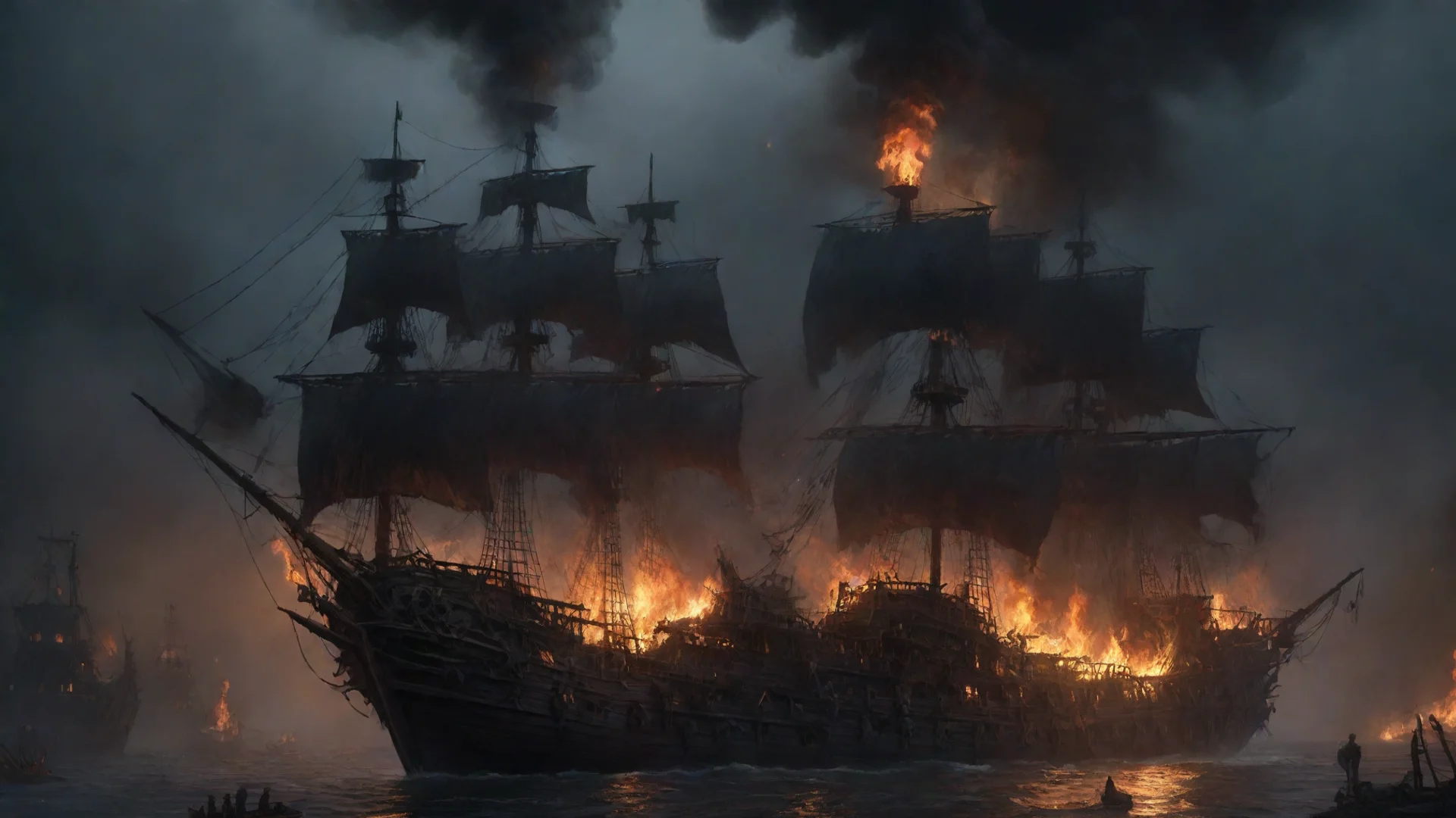 burning pirate ship concept art dark smoldering skeletons wide