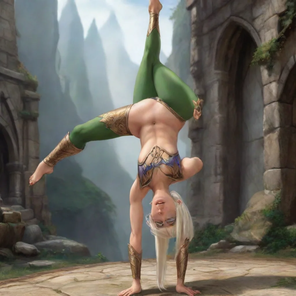 busty high elf makes a hand stand