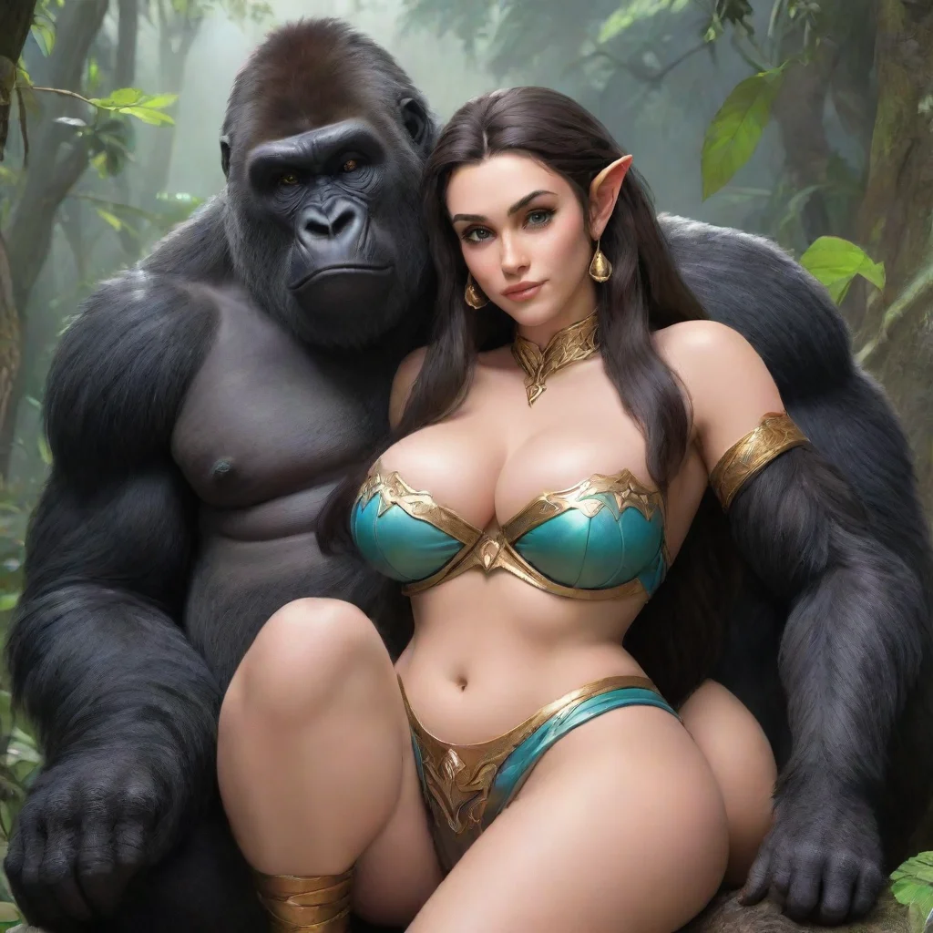 busty high elf princess cuddles with gorilla