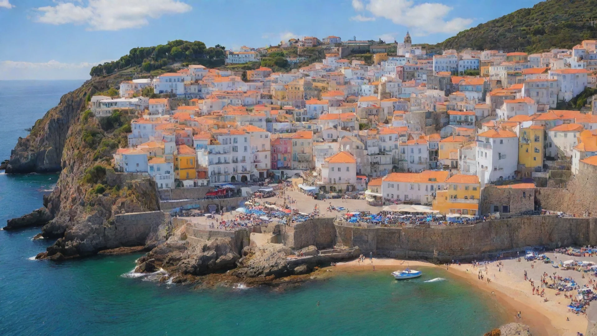 aibusy portuguese coastal town hd aesthetic best quality with strong vibrant colors wide